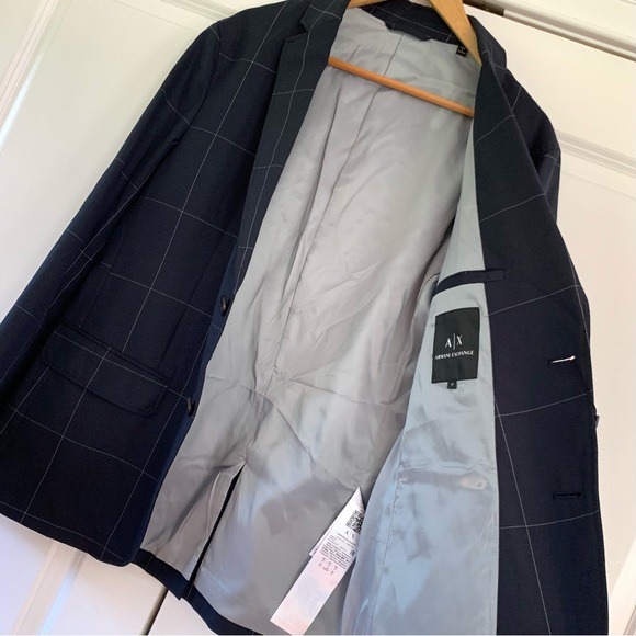 Armani Exchange Blazer Jacket Navy Blue Sports Coat Grid Print Plaid NEW Size 38 - Picture 5 of 10